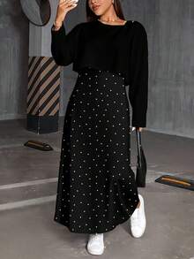 SHEIN Essnce 1. 2 件/套大码女式波尔卡圆点印花圆领长袖 T 恤和连衣裙，适合秋冬季，秋季时尚，黑色 T 恤，黑色连衣裙 - 彩色 - 查看 6