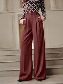 Anewsta Savoree 女式高腰褶皱口袋时尚简约阔腿裤 - 酒紅色 - 查看 4