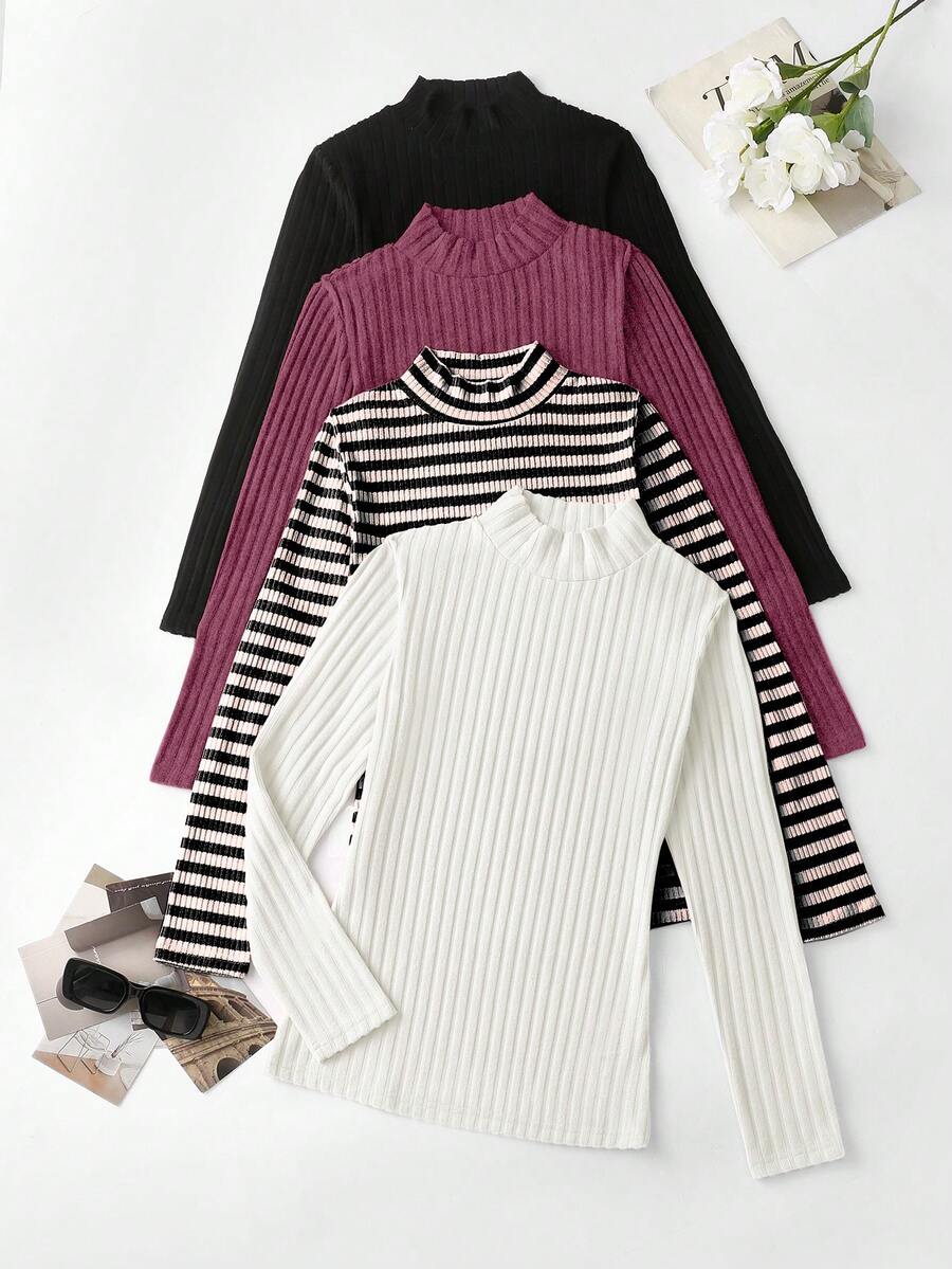 SHEIN LUNE Set 4 Potong Kaos Lengan Panjang Wanita dengan Tekstur Kerah Tinggi untuk Awal Musim Dingin dan Musim Semi - MultiWarna - View 1