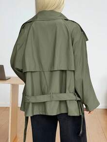SHEIN EZwear Women's Olive Green Autumn Casual Occasion Windbreaker,High Neck Belt Waist Raglan Sleeve Woven Double-Breasted Winter Jacket Christmas Clothing - Green - View 2