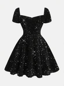 Pitira Teen Girls' Elegant Off-Shoulder Solid Black Mini Dress, Sundress, Casual Minimalist Chic, Suitable For Wedding Season, Socialite, Autumn/Winter, Party Wear, Everyday, Birthday, Princess, Spring Festival