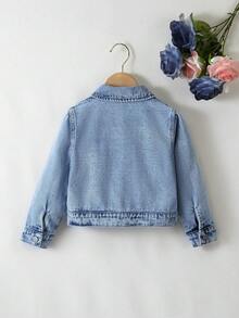 Elladie kids 女童休闲复古浅色水洗牛仔夹克，带心形口袋，面料舒适柔软，时尚日常穿着，年轻女孩外套 - 中等水洗藍 - 查看 2