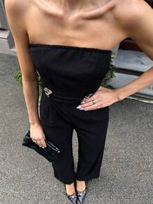 Pariaura Women's Black Gold Elegant Summer Wide Leg Jumpsuit, Tube Top Party Night Outfit,Flower Metal Buttons Long Pants Wedding Guest Romper - Black - View 3