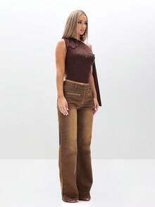 BABYPHAT Tie Detail One Shoulder Top With Rhinestone Embellishment Off Shoulder Blouse For Women - Chocolate Brown - View 2