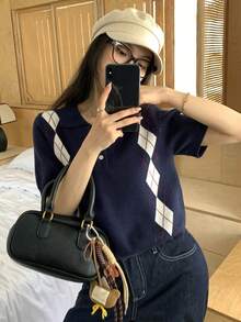 DAZY 女士休闲复古格子针织毛衣，秋冬 - 藏蓝色 - 查看 9