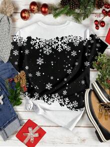 EMERY ROSE Plus Size Women's Christmas Colorblock Snowflake Print Graphic Tees,Casual Summer Women OutFit Women Tops