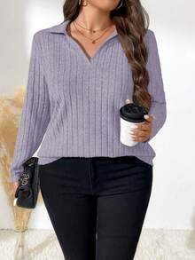 SHEIN LUNE Camiseta casual de punto acanalado con media cremallera y mangas raglán para mujer de talla grande - Morado - Ver 5