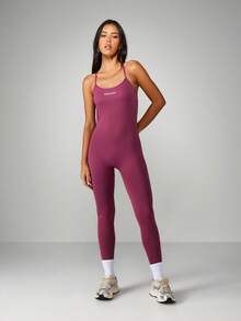 MISSGUIDED Athletic Halter Jumpsuit For Women Full Length Fitted Sports Romper Active Wear Crossback Design - Red Violet - View 5