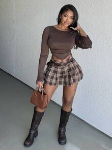 Alexandranx Váy xếp ly phong cách đại học thường ngày cho nữ, mùa thu - Màu Khaki - Xem 3