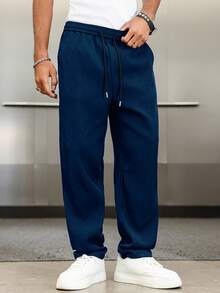 Manfinity Roghcode Men's Navy Blue Autumn Casual City Break Solid Color Sweatpants,Drawstring Loose Straight Leg Pants,Baggy Pro Club Jeans,Straight Leg Casual Pants - Navy Blue - View 3