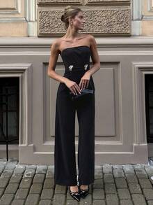 Pariaura Women's Black Gold Elegant Summer Wide Leg Jumpsuit, Tube Top Party Night Outfit,Flower Metal Buttons Long Pants Wedding Guest Romper - Black - View 6