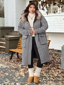 SHEIN EZwear Veste épaisse à capuche pour femme grande taille, motif pied-de-poule, à la mode, hiver - Noir et Blanc - Voir 1