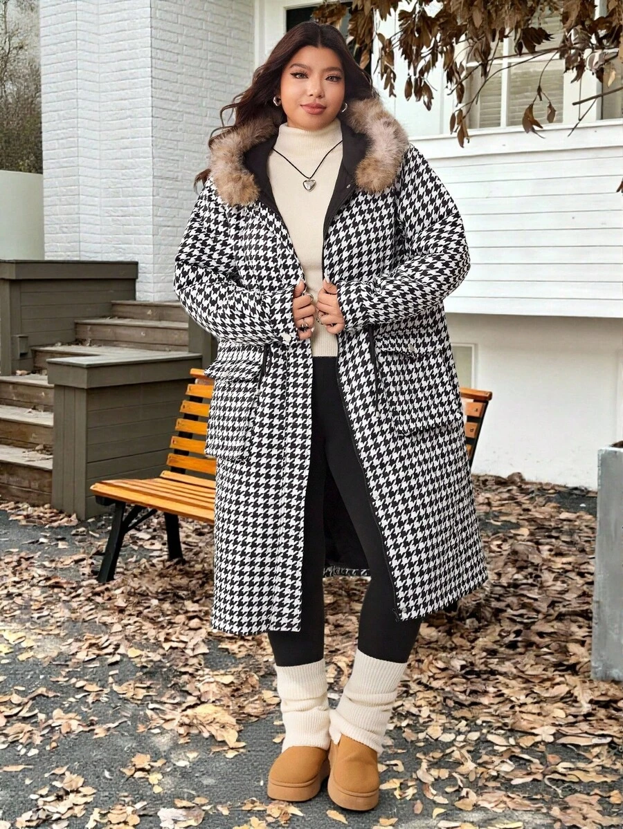 SHEIN EZwear Veste épaisse à capuche pour femme grande taille, motif pied-de-poule, à la mode, hiver - Noir et Blanc - Voir 1