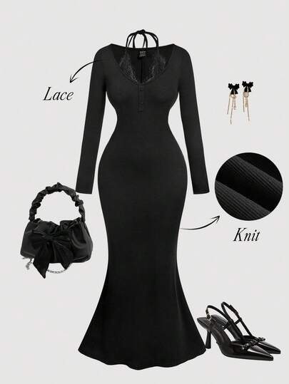 SHEIN MOD 加大码蕾丝拼布露背长袖束腰鱼尾下摆黑色连衣裙