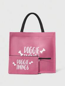 ROMWE Kawaii "DOGGIE THINGS"Letter, Rose Red Bone Pattern Printed Handbag Set, A Gift For Dogs And Pet Lovers, Handbag With Makeup Bag And Mini Coin Wallet, Dog's Favorite Bone Pattern Design, This Is A Great Gift, Suitable For Mothers, Teachers, Best Teacher Gift - Hot Pink - View 6