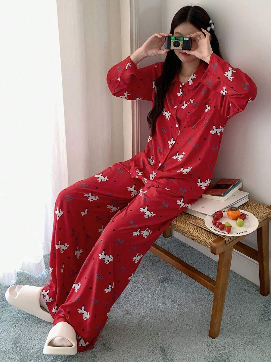 DAZY Cute Cat Print Loose Women Pajama Set, Christmas, Fall & Winter Clothes - Red - View 1