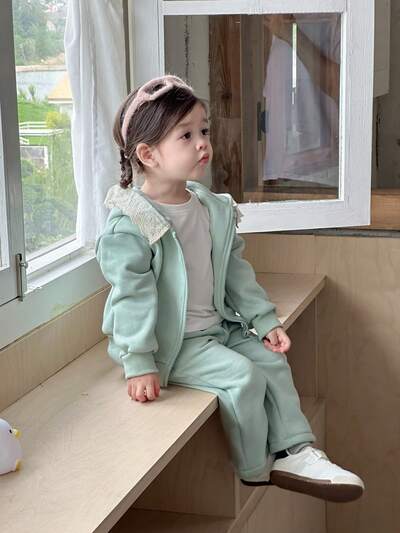 2pcs Baby Girls Lace Patchwork Solid Color Casual Loose Jacket And Pants Set Toddler Girls Clothes