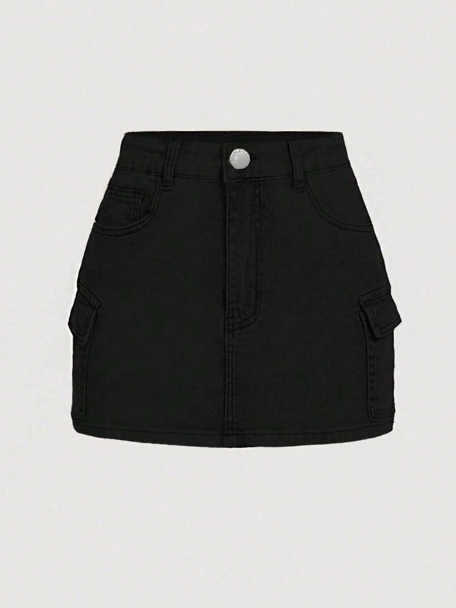 SHEIN MOD 大码女式休闲纽扣口袋百搭牛仔迷你裙 - 黑色 - 查看 1