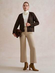 SHEIN LUNE Women's Beaded V-Neck Loose Fit Long Sleeve Cardigan Sweater - Coffee Brown - View 5