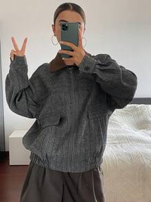 DAZY Women's Loose Fit Plaid Patchwork Wool Blend Jacket, Casual Business Office Wear, Fashion Outdoor Street Style, Autumn/Winter Women Coats - Grey - View 4