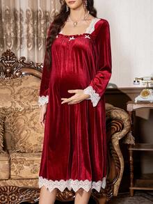 PalaceNights Contrast Color Lace Patchwork Square Neck Bow Decor Velvet Maternity Nightgown, Autumn/Winter - Burgundy - View 5