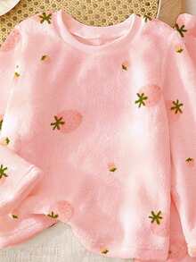 1set Baby Girls Watercolor Pink Strawberry Print Soft Plush Ribbed Collar Crew Neck Long Sleeve Top And Pants Pajama Set, Comfortable For Everyday Wear, Autumn/Winter Baby Girl Pajamas Set Baby Girl Warm Sets Baby Girl Sleepwear - Pink - View 4