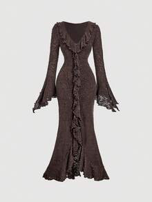 SHEIN MOD Váy xòe tay loe màu nâu viền bèo nhún - Cà phê - Xem 5