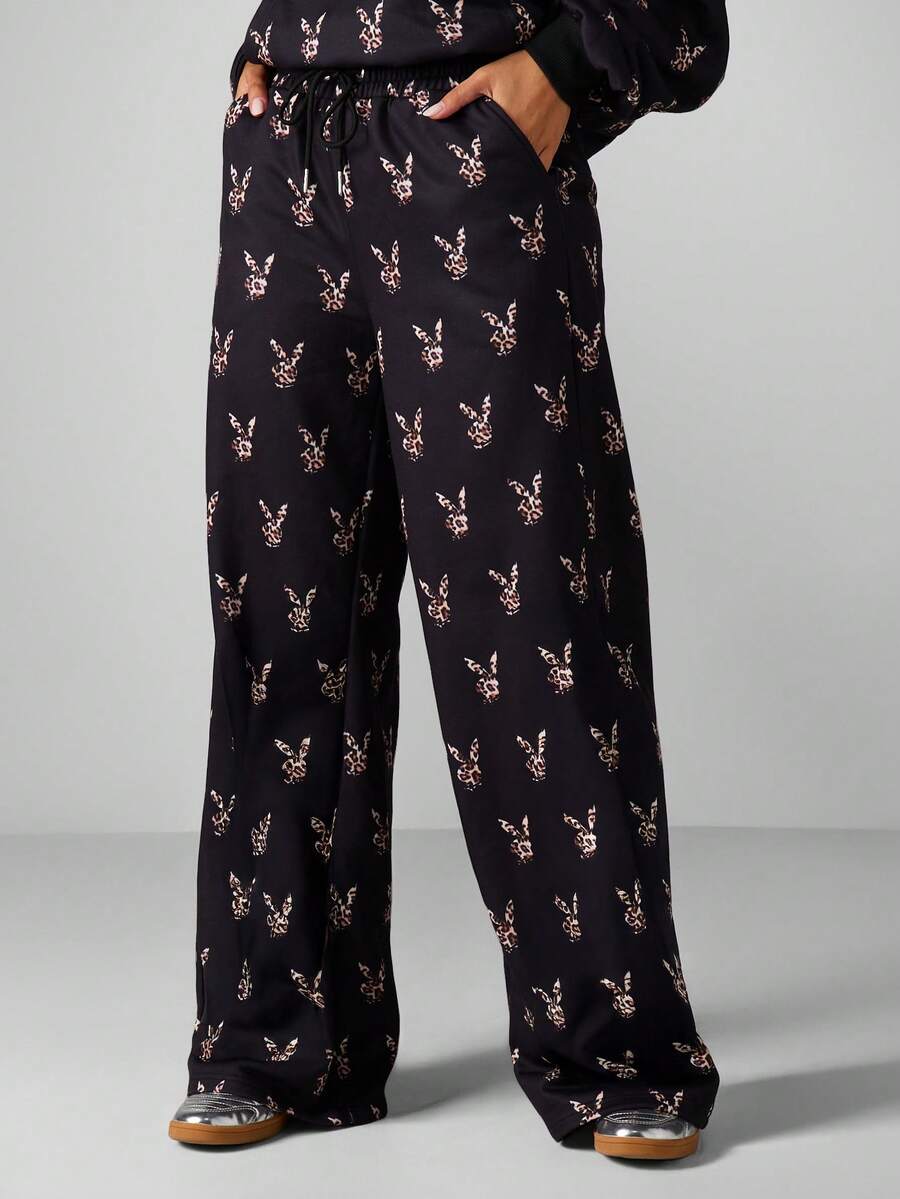 Missguided x Playboy Quần thể thao ống rộng họa tiết da báo cạp chun co giãn thoải mái dành cho mùa thu đông - màu đen - Xem 1