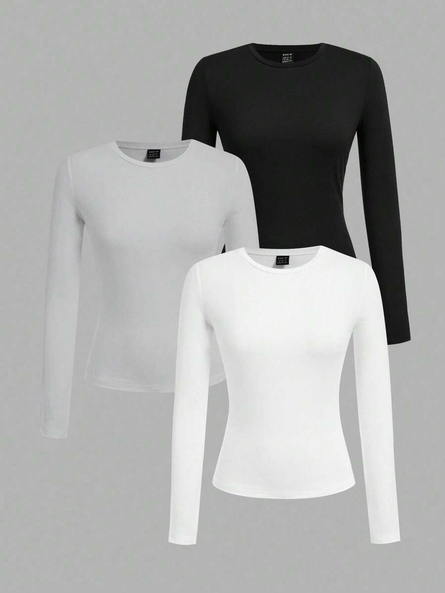 SHEIN EZwear 3 件套女士休闲紧身圆领长袖 T 恤套装，秋冬 - 彩色 - 查看 1