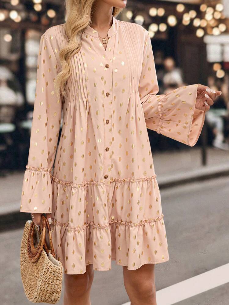 Women's Casual Vacation Foil Flare Sleeve Button Front Mid-Length Dress