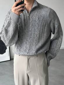 DAZY Men's Gray Half-Zip Solid Color Sweater, Autumn/Winter - Light Grey - View 6