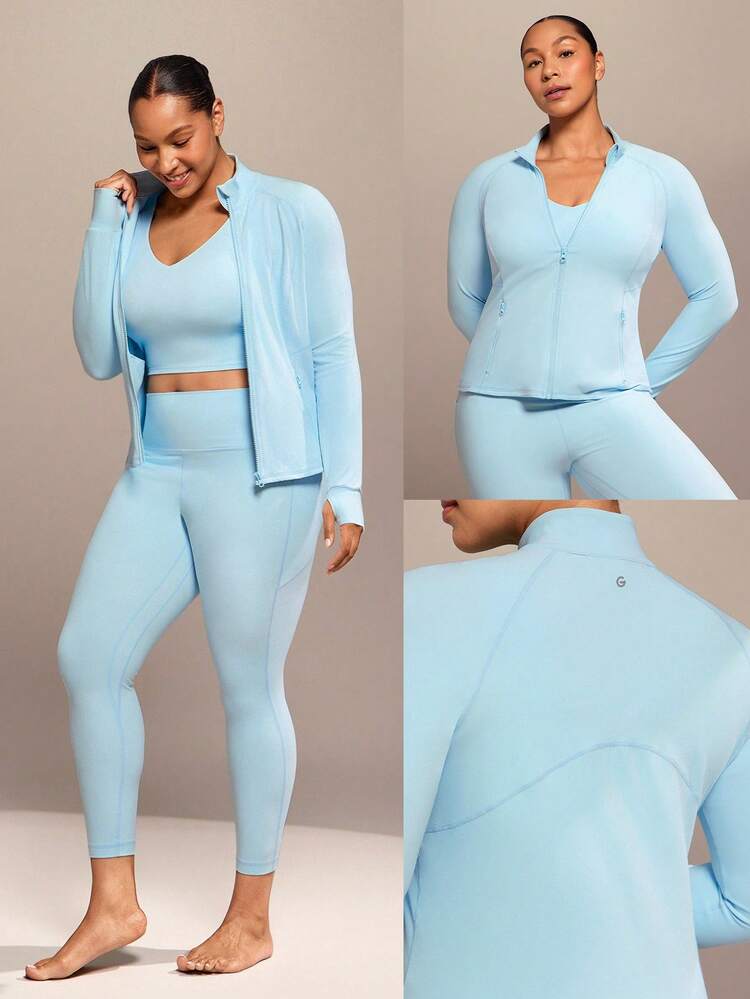 Plus Size FeatherFit™ Slim Fit Thumbhole Jacket With Side Pockets Low Impact Yoga Pilates Studio Daily Casual Wear