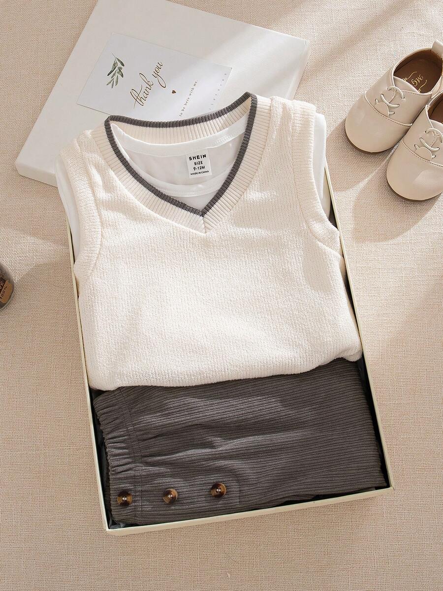 SHEIN 三件套:复古法式 2025 秋冬仿针织背心、百搭长袖上衣、优雅长裤,男婴绅士套装,男婴服装套装,男婴套装,亚麻套装,男童服装,男婴套装 - 彩色 - 查看 1