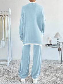 SHEIN LUNE Women's Contrast Trim Round Neck Long Sleeve Top And Pants Knit 2 Pieces Set - Multicolor - View 2
