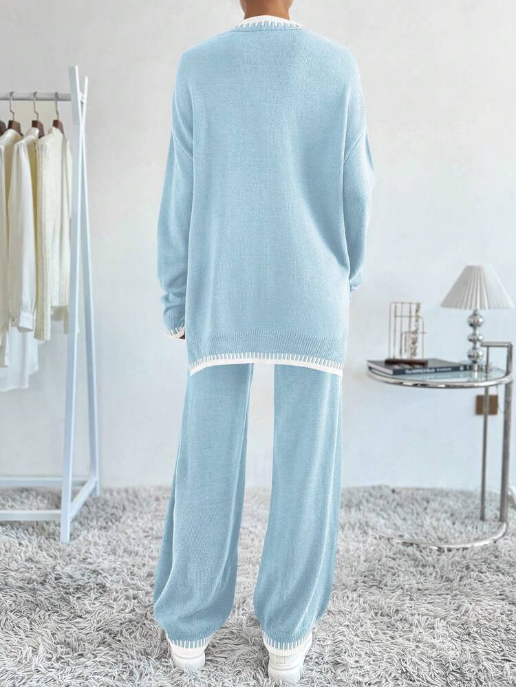SHEIN LUNE Women's Contrast Trim Round Neck Long Sleeve Top And Pants Knit 2 Pieces Set - Multicolor - View 2
