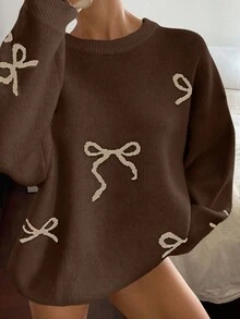 DAZY Women's Loose Fit Crew Neck Bow Jacquard Drop Shoulder Fashionable Knit Pullover Sweater - Brown - View 5