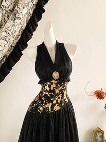 Vintamour 复古优雅女装 花卉箔欧根纱蕾丝拼布胸针装饰派对礼服 女式冬装 女式冬装 女式秋装 秋装 女式万圣节服装 女式万圣节服装 圣诞女装 女式圣诞服装 女式圣诞装 圣诞派对礼服 女式优雅连衣裙 女式优雅连衣裙 派对优雅连衣裙 亮片连衣裙 闪亮连衣裙 黑色连衣裙 - 黑色 - 查看 2