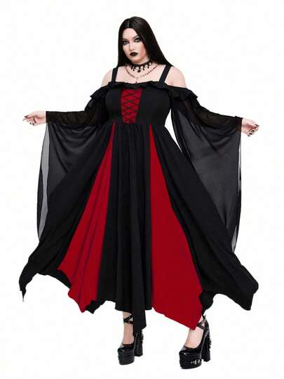 Whyspr 大码女式哥特式拼布撞色束腰长裙