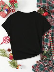 Girls Casual Christmas Elements Snowflake Santa Claus Gift Slogan Cat Graphic Print Basic Short Sleeve T-Shirt - Black - View 2