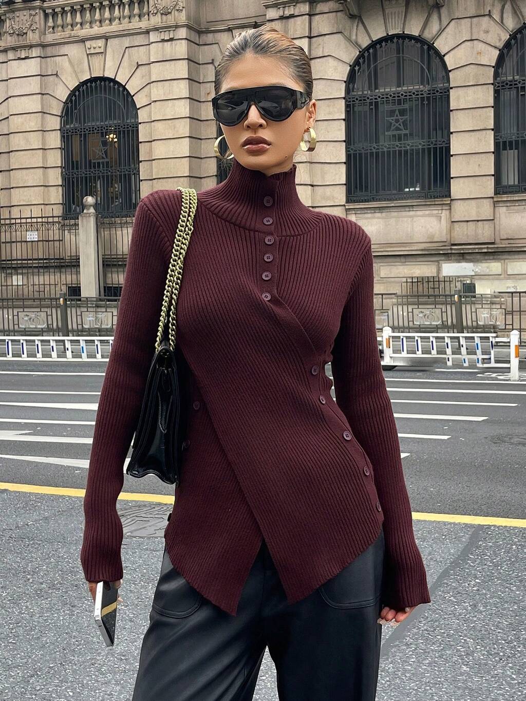 Women's Casual Solid Color Turtleneck Criss-Cross Sweater, Autumn