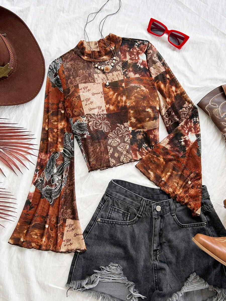 Soleia 女式复古拼布印花喇叭袖T恤 - 棕色 - 查看 1