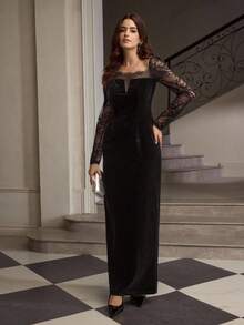 ZEYLAH Vestido de terciopelo con parches y cuello de encaje elegante - Negro - Ver 4