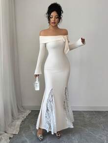 Selianne Váy dự tiệc trễ vai ren đuôi cá tay cánh bướm thanh lịch, tôn dáng, phù hợp cho tiệc tối, tụ tập, tiệc tùng vào mùa thu/đông - Màu be - Xem 4