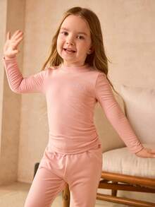 2pcs Young Girls Light Pink Knitted Long Sleeve Round Neck Letter Embroidered Waist T-Shirt And Pants Set,Comfortable Autumn Family Matching Outfit - Pink - View 5