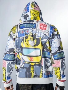 Transformers X SHEIN Hanorac cu buzunar larg, cu imprimeu patchwork, pentru bărbați, casual, la modă, de stradă, cu umeri căzuți, primăvară/toamnă - Multicolor - Vizualizare 4