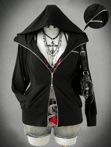 Sunspun Sudadera con cremallera y cordón ajustable de manga larga para mujer de talla grande - Negro - Ver 1