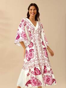 CAJUNI Váy maxi mùa hè hở lưng, cổ chữ V, tay cánh dơi, họa tiết hoa nhiệt đới theo phong cách Bohemian dành cho nữ, màu đỏ, váy maxi mùa hè, phong cách trang trại. - Hồng - Xem 5