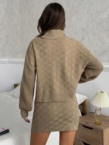 EURMUSE Taupe Textured Turtleneck Sweater & Ribbed Knit Skirt Co-Ord Set High Neck Checkered Knit Two Piece Set With Oversized Sweater And Bodycon Mini Skirt For Cozy Fall Looks - Camel - View 2