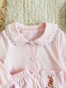 SHEIN 2pcs Baby Girls' Light Pink Autumn Cute Sleep Set,Rabbit Embroidery Peter Pan Collar Patchwork,White Lace Pocket,Ruffle Hem Cardigan & Pants Pajama Suit - Pink - View 7