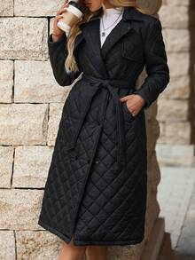 SHEIN Clasi 女款休閒冬季長款絎縫填充外套附腰帶，黑白配色日常通勤外套，毛絨保暖填充外套 - 黑色 - 查看 8